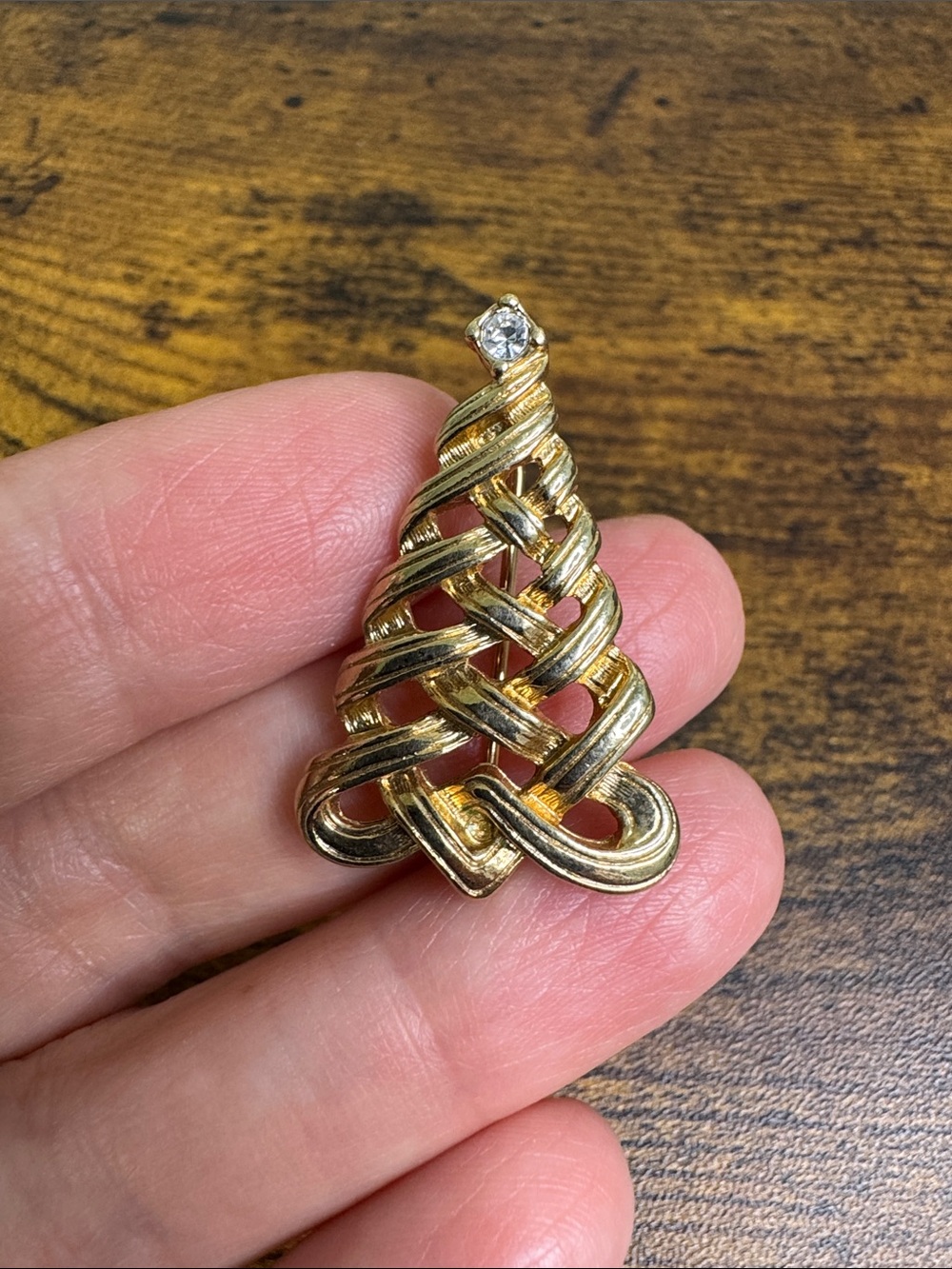 Avon Gold-Tone Woven Christmas Tree Brooch with Clear Stone Accent